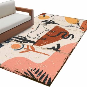 Modern Cowboy Area Rug for Living Room Bedroom, Washable Non Slip Carpet with Horse and Cactus Pattern, 3x5