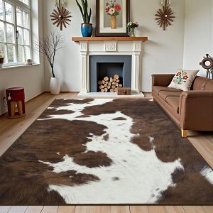 Cow Print Area Rug 5x7 for Living Room Bedroom, Washable Non Slip Low Pile Carpet for Dining Room Kitchen Office, Brown
