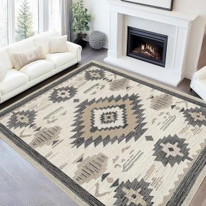 Tribal Pattern Area Rug 5x7 for Living Room Bedroom, Machine Washable Low Pile Indoor Carpet, Non Slip Beige Floor Rug