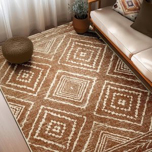 Machine Washable 5x7 Area Rug, Non Slip Low Pile Printed Carpet for Living Room Bedroom Entryway, Brown Cream Indoor Rug